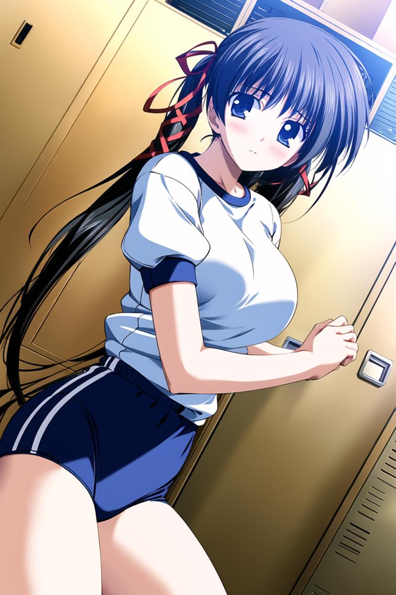 00004-4248847522-((masterpiece, high quality, best quality)),_1girl, long hair, blue buruma, gym uniform, hair ribbon, locker, black hair, blush,.png